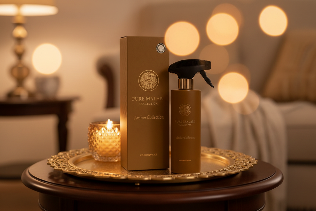 Pure Malaki Amber Room Spray close-up met kaarslicht